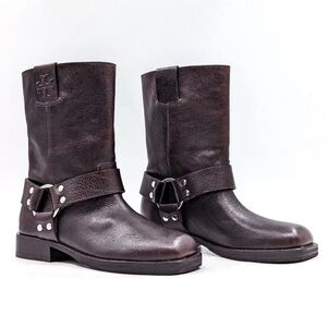 NWOB Tory Burch Women Double T Moto Biker Dark Leather Harness Boots in Brown